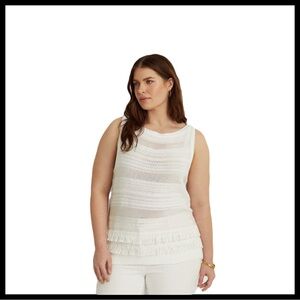 Lauren Ralph Lauren Fringe Trim Sleeveless Sweater White Linen Blend Elegant